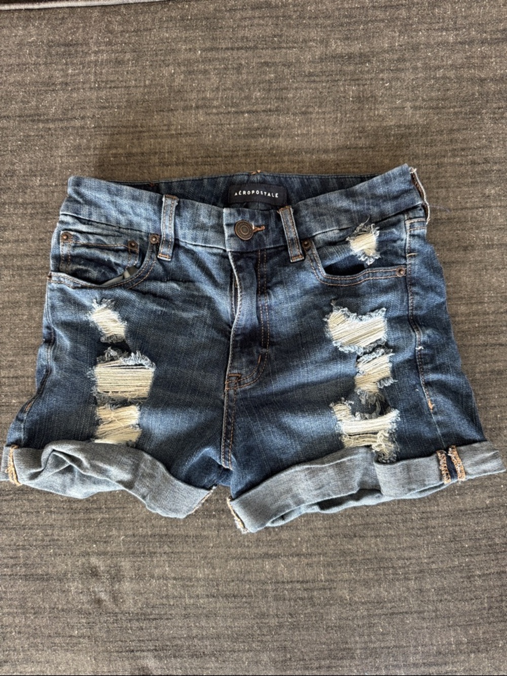 Aeropostale Distressed Rolled Hem Dark Blue Denim Shorts